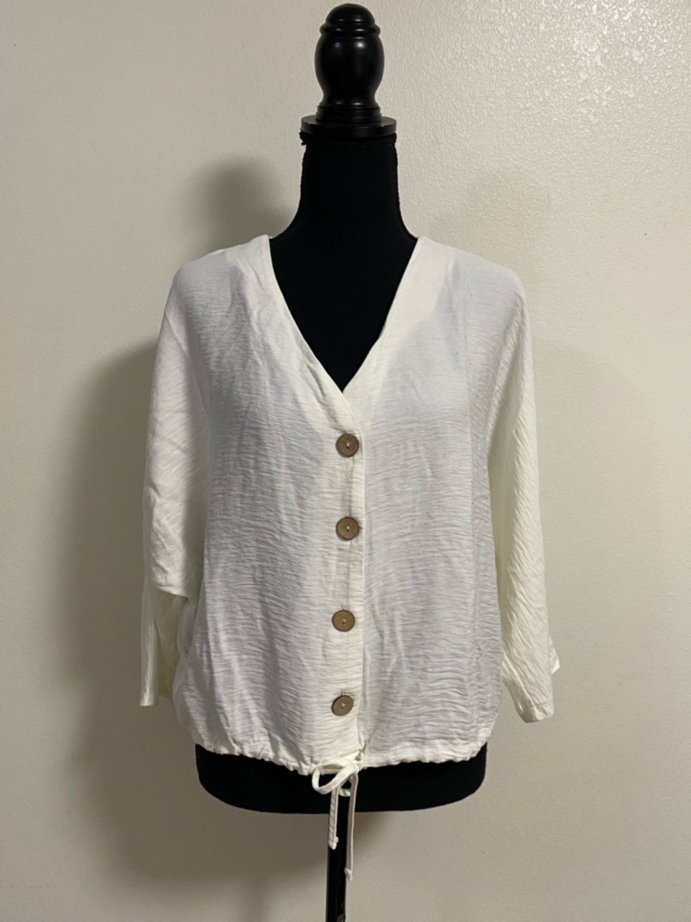Primark Shirt Women’s Size 6 White Dolman sleeve Button-Front Drawstring Top